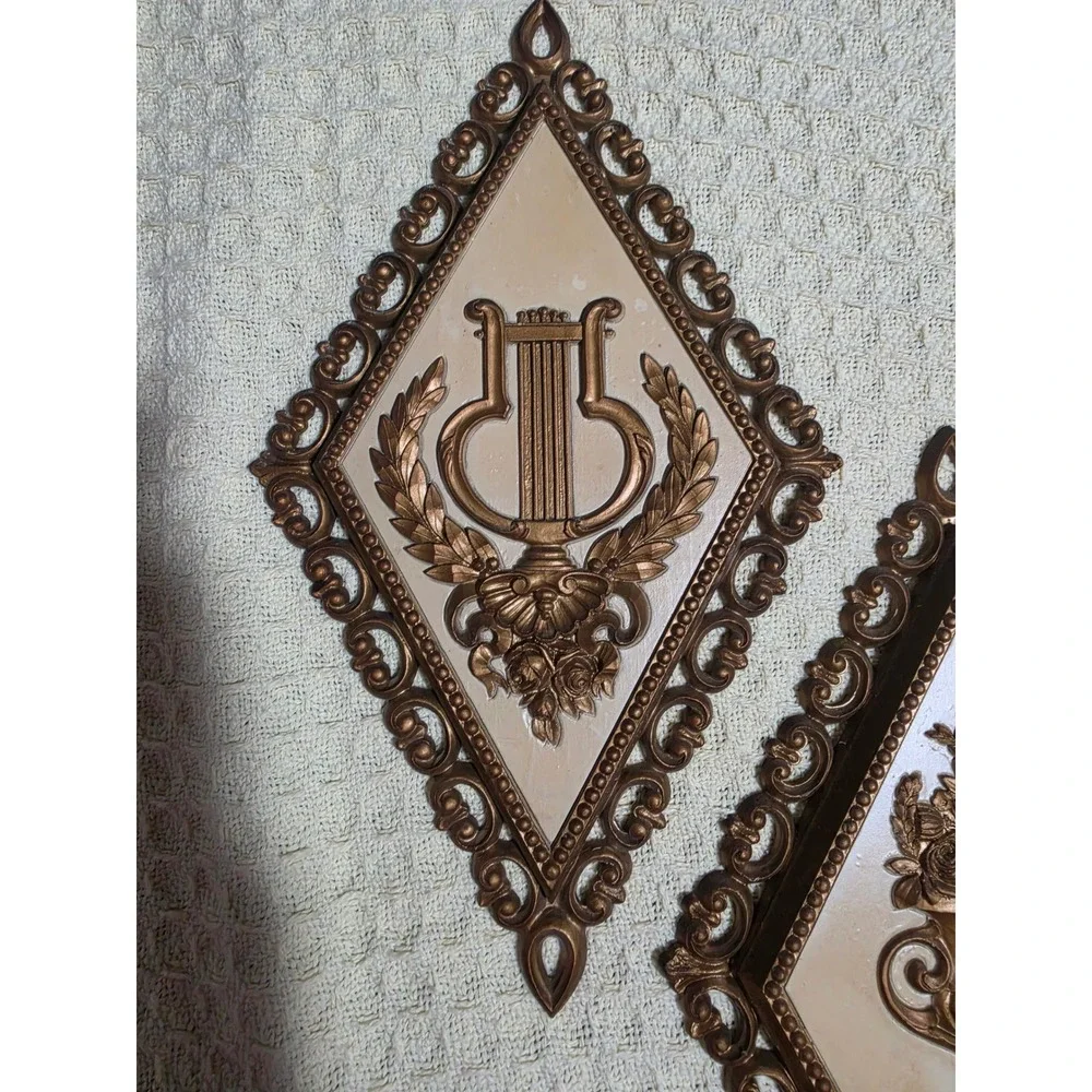 Vintage 1971 Homco Gold Diamond Wall Plaques Set of 4 Lyre Torch Urn 7226